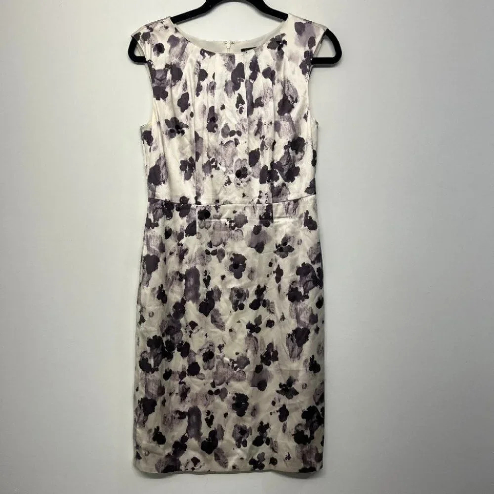 Ann Taylor Floral Silk Blend Sheath Midi Dress Women's 6 Cream/‎ Purple